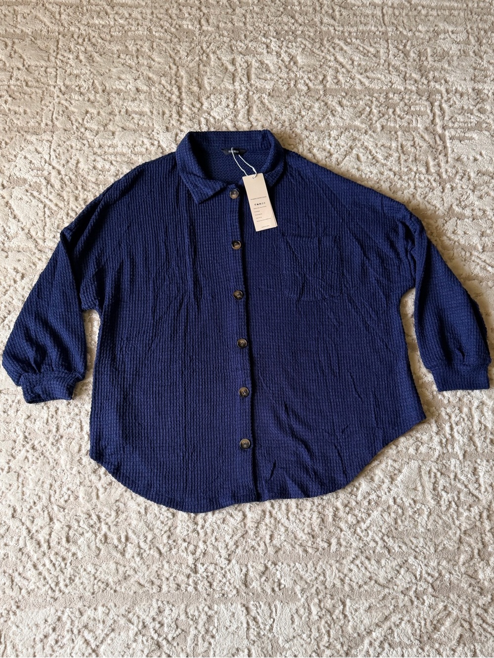 Waffle-Knit Button-Down Shirt in Navy